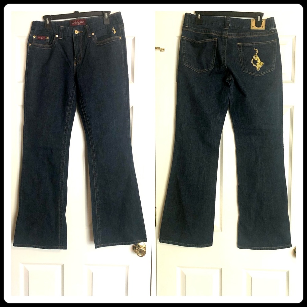 Baby Phat Dark Blue Denim Flare Jeans with Gold Embroidery